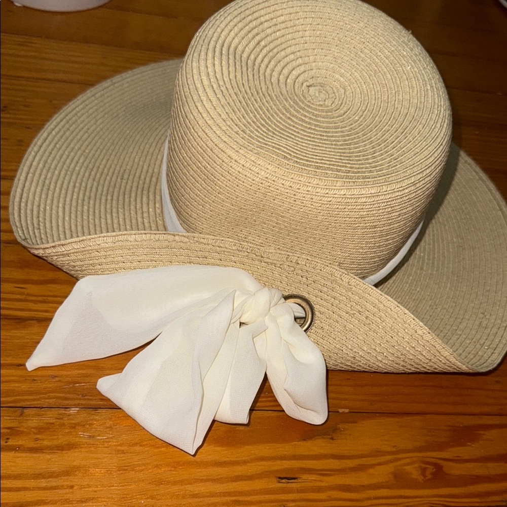 Elegant Tan Wide-Brim Hat with White Ribbon